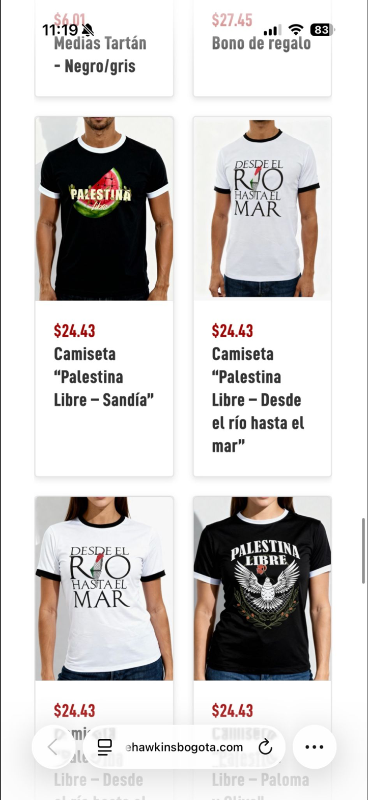 Joe Hawkins Bogotá website showing product catalogue